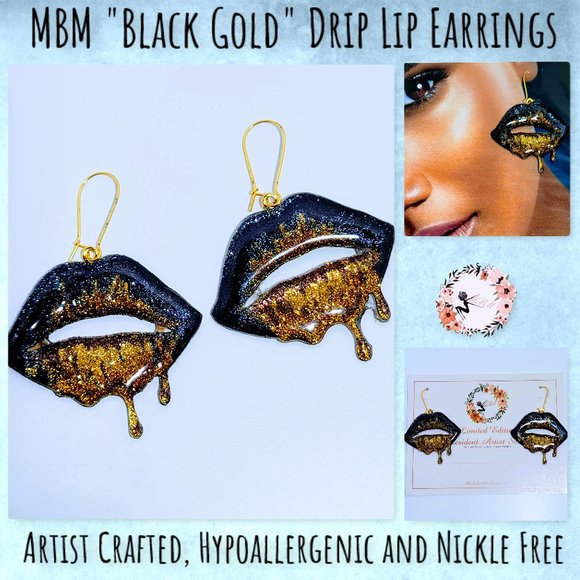 The MBM Boutique Jewelry - SOLD OUT 🆕MBM "Black Gold" Drip Lip Earrings 2.65"